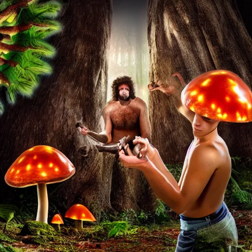 Image similar to caveman discovering magic mushrooms for the first time. 8 k photograph