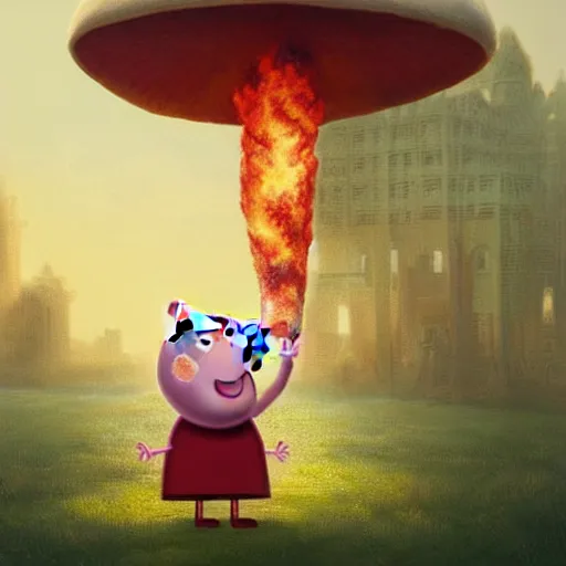 Prompt: Peppa Pig plays in front on a large nuclear mushroom and is totally oblivious to the fact that the city is in flames and everyone die. Elegant, intricate, digital painting, artstation, concept art, smooth, sharp focus, illustration, art by artgerm and greg rutkowski and alphonse mucha