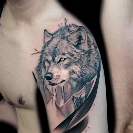 Prompt: tattoo of a white wolf in Shanghai