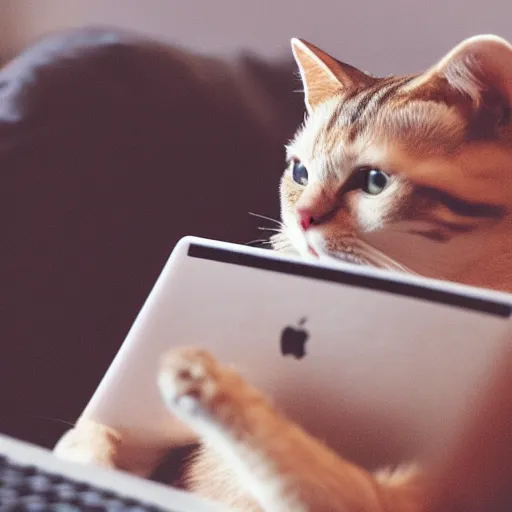 Image similar to an anthropomorphic cat looking up cat videos on a computer using mouse with paw, 85mm f1.8