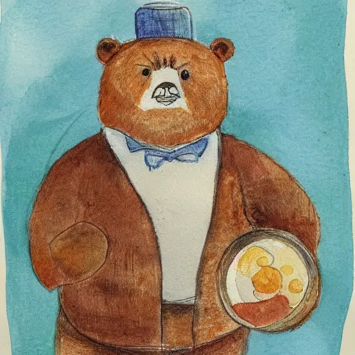 Image similar to a grumpy human man wearing a bear costume, holding a goldfish bowl. watercolour with pencil, in the style of beatrix potter.