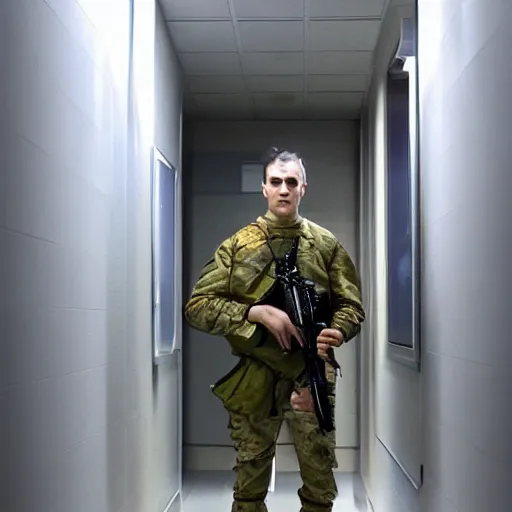 Prompt: futuristic soldier, in a futuristic hallway