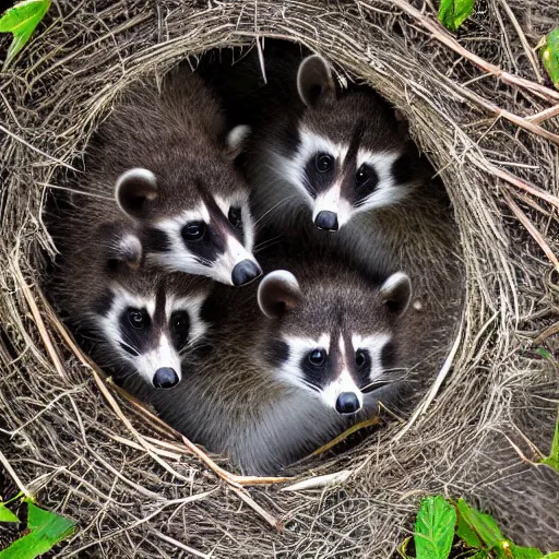 Prompt: of a Micro detailed look at a nest of raccoons, high detail photo, high resolution textures and shadows, view from above,