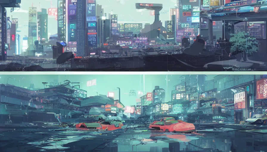 Prompt: Concept Art Illustration of neo-Tokyo Bank Headquarters Map, Bank Robbery, Anime, Highly Detailed, Special Forces Security, Searchlights, Boat Dock, For Stealth fps bank robbery simulator, Water, Akira Color Palette, Inspired by MGS2 + SAC2 + FLCL, 8k :4 by Arc System works + Katsuhiro Otomo : 8