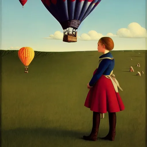 Prompt: a girl and her horse enjoy a hot-air balloon show by Raphael, Hopper, and Rene Magritte. detailed, romantic, enchanting, trending on artstation.