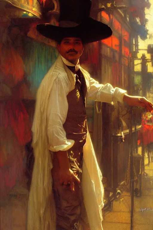 Image similar to honduran immigrant, dressed as a magician. christopher street, nyc, realistic painting by gaston bussiere, craig mullins, greg rutkowski, alphonse mucha