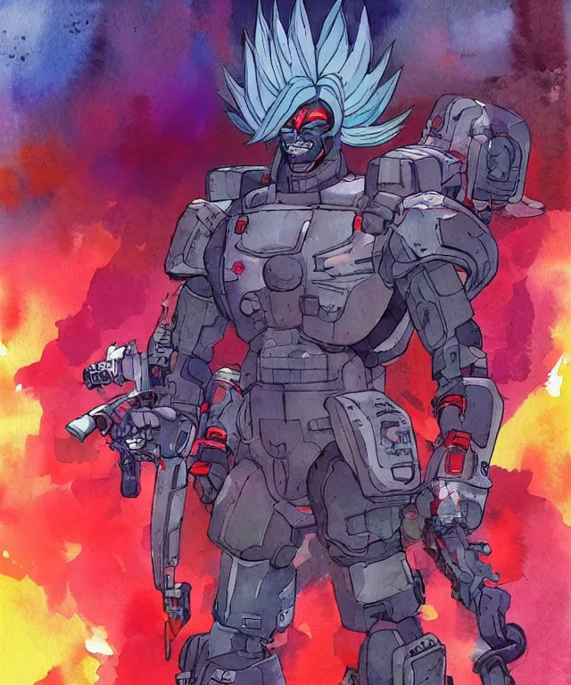 Prompt: a watercolor painting full body character portrait of a cyborg super saiyan warrior / soldier in the style of moebius in the style of cyberpunk trending on artstation deviantart pinterest detailed realistic hd 8 k high resolution