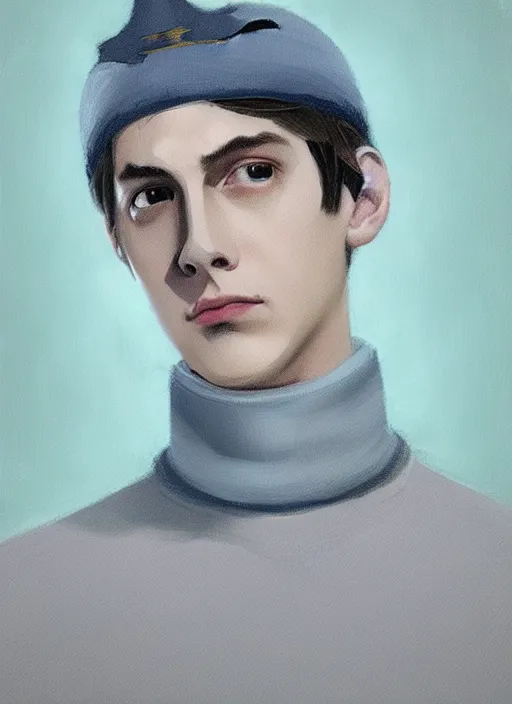 Image similar to portrait of teenage jughead jones wearing a light grey crown, crown, light grey crown, blue turtleneck, 1 9 5 0 s, closed eyes, intricate, elegant, glowing lights, highly detailed, digital painting, artstation, concept art, smooth, sharp focus, illustration, art by wlop, mars ravelo and greg rutkowski