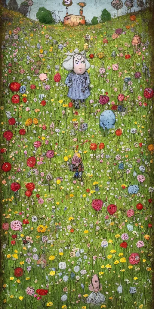 Prompt: a spring meadow scene by alexander jansson and where's waldo