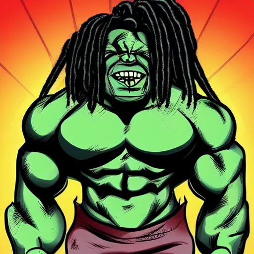 Image similar to black hulk with dreadlocks, cartoon drawing, meme