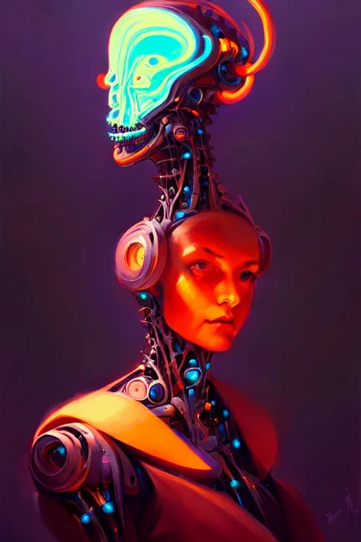 Image similar to portrait, biomechanical bioluminescent creature, cyberpunk, elegant baroque, asymmetrical art, colorful, vivid, imposing, epic, digital painting, artstation, concept art, by peter mohrbacher and wlop and rhads