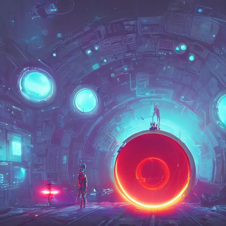 Image similar to a circle portal structure floating in outer - space, cyberpunk, epic surrealism, indigo, bright red, purple, cyan, lime green, detailed digital matte painting in the style of simon stalenhag and painting by ralph mcquarrie