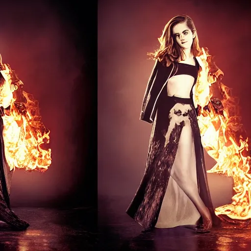 Image similar to emma watson on fire, stunning photography, studio photo,