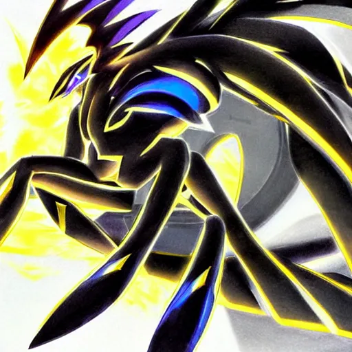 Image similar to a mashup between Arceus (from Pokémon) and Giratina (from Pokémon), ultra detailed, Beautiful digital art illustration by Ken Sugimori