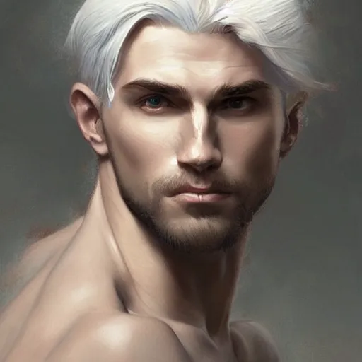 Image similar to david the destroyer, handsome, white hair, soft hair, upper body, muscular, hairy torso, fantasy, intricate, elegant, highly detailed, digital painting, artstation, concept art, smooth, sharp focus, illustration, art by artgerm and greg rutkowski and alphonse mucha