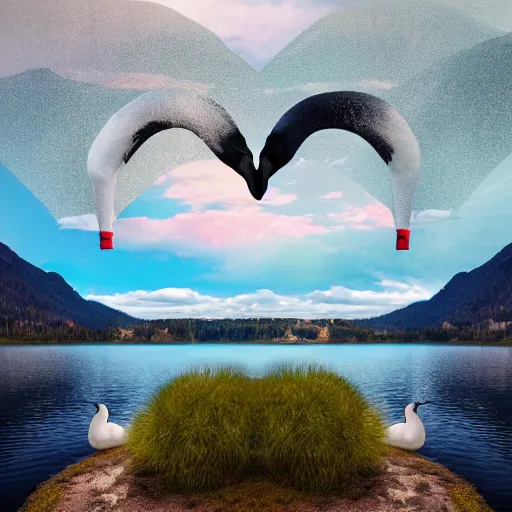 Image similar to photo of two black swans swimming in a beautiful reflective mountain lake, touching heads, forming a heart with their necks, a colorful hot air balloon is flying above the swans, hot air balloon, intricate, portrait, 8k highly professionally detailed, HDR, CGsociety, octane render, 4k