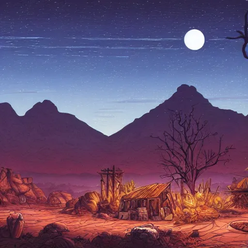 Prompt: mysterious desert at night, watefall and mountains on background, little abandoned village on foreground, by dan mumford and sandra chevrier, 4 k