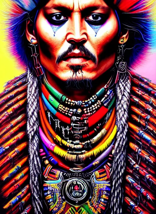 Image similar to portrait of johnny depp, hyper detailed ultra sharp aztec shaman warrior. trending on artstation, warpaint aesthetic, bloodwave, colorful, psychedelic, ornate, intricate, digital painting, concept art, smooth, sharp focus, illustration, art by artgerm and greg rutkowski and h. r. giger, 8 k