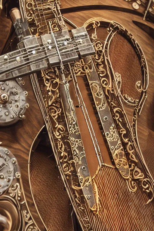 Image similar to an artistic representation of a fretboard, steampunk, intricate details