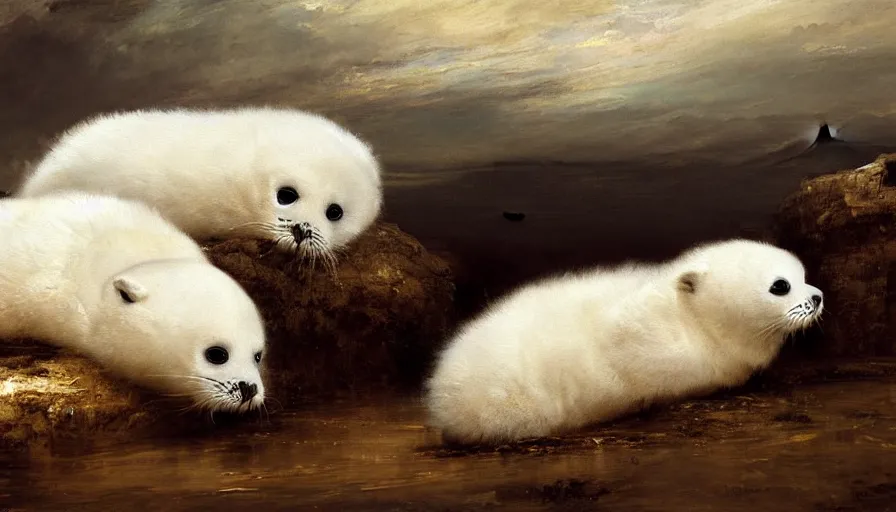 Prompt: highly detailed painting of cute furry white baby seals on a compact japanese drift car by william turner, by greg rutkowski, by william constable, thick brush strokes and visible paint layers, 4 k resolution