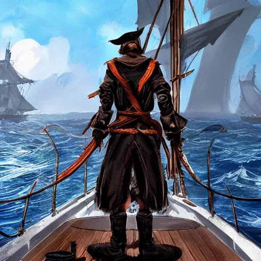 Image similar to character concept art of a pirate captain hunter from bloodborne on a sailing vessel, the view is from behind