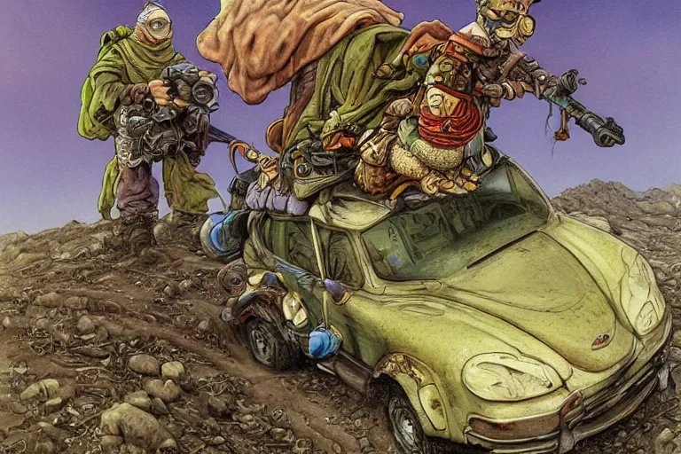 Image similar to a highly detailed garden gnome wearing goggles and head scarf hanging off the back of a car in full speed, wasteland, wide angle, an ultrafine detailed painting by p. craig russell and barry windsor - smith, trending on deviantart, octane, masterpiece