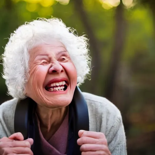 Image similar to an old woman laughing in a park. she has a thin translucent oxygen tubing under her nose