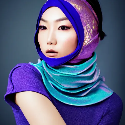 Image similar to close up portrait photography of beautiful asian female model wearing balaclava and golden neckkace, purple and blue futuristic light