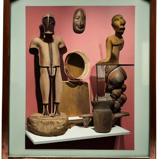 Image similar to a three color offset photography of single surrealist object on display, anthropology of wonder, ( ( ( surrealism ) ) ), exotic artifacts, colonial expedition, exhibition, 6 0 s style