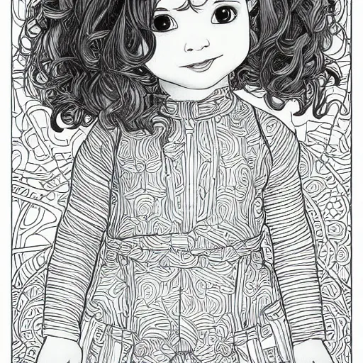 Image similar to clean simple line art of a cute little girl with a mischievous face and short brown wavy curly hair. she is dressed as an astronaut. no background. well composed, clean coloring book page, beautiful detailed face. coloring book line art by artgerm and greg rutkowski and johanna basford and alphonse mucha