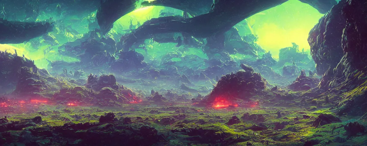 Prompt: ” outer planet landscape, [ cinematic, detailed, epic, widescreen, opening, establishing, mattepainting, photorealistic, realistic textures, octane render, art by paul lehr ] ”