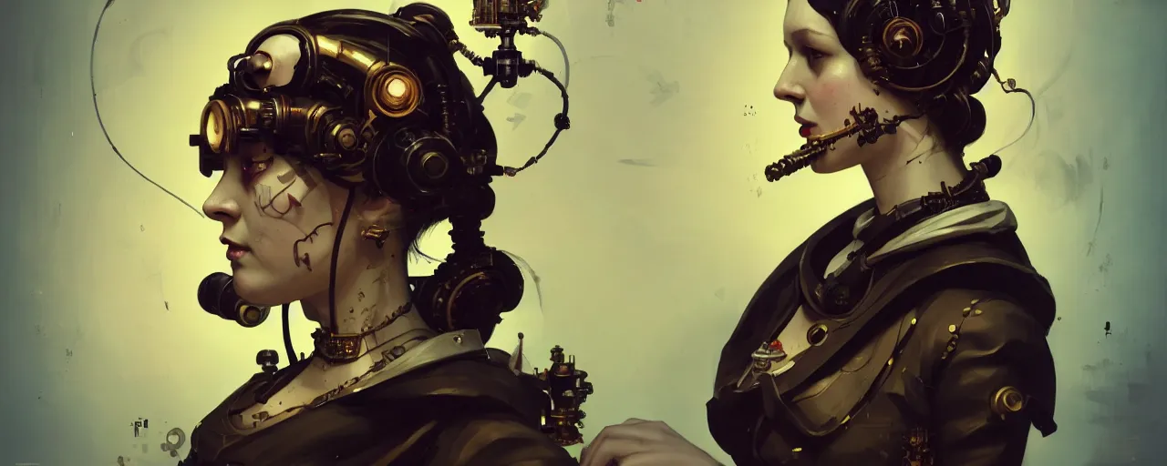 Image similar to duotone dark concept illustration 3 / 4 portrait of ada lovelace as steampunk cyborg. highly detailed mechanism cinematic lighting. golden ratio accidental renaissance. by sachin teng and sergey kolesov and ruan jia and heng z. graffiti art, scifi, fantasy, hyper detailed. octane render. concept art. trending on artstation