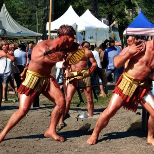 Prompt: roman gladiators attacking a hot dog stand