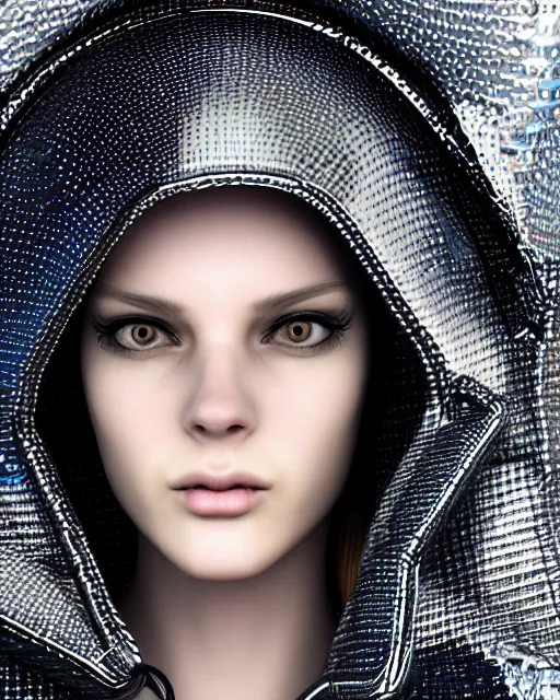 Image similar to detailed portrait European Pretty Modern Girl Dithering ditherpunk dither-punk Rain, Reflective jacket coat, Futuristic sci-fi fashion, royal attire 16 color 256 color Secret of Monkey Island Bayer dithering Floyd-Steinberg Jarvis-Judice-Ninke Atkinson Riemersma Perfect face, fine details, realistic shaded, fine-face, pretty face