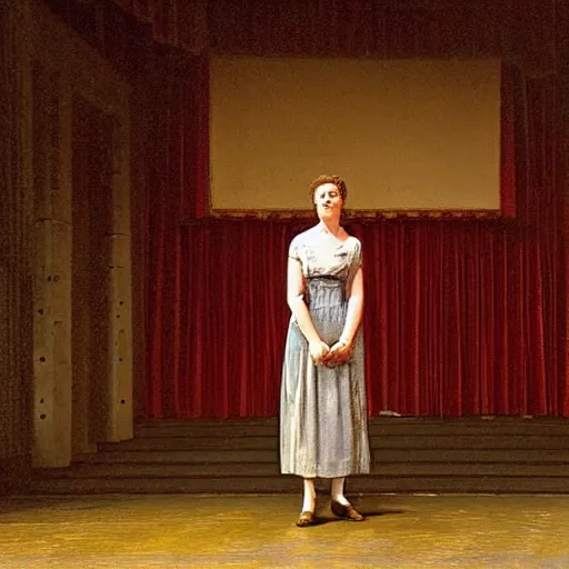 Image similar to an actress on stage in an old theater, only a single visitor in the audience, by alfred stephens