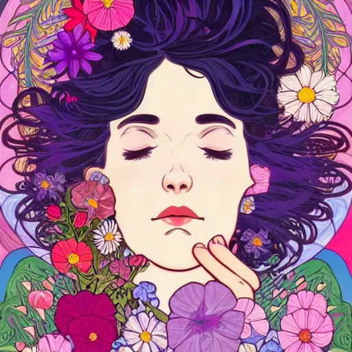 Prompt: a woman sleeping in the middle of flowers, confident pose, intricate, elegant, sharp focus, illustration, highly detailed, concept art, matte, trending on artstation, lisa frank, alfons mucha