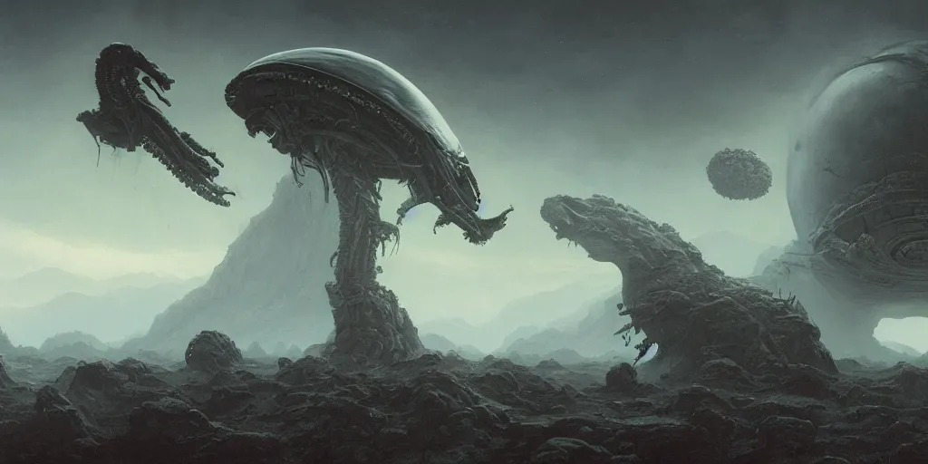 Prompt: photo of xenomorph planet, Les Edwards, Zdzislaw Beksinski, Carl Gustav Carus, John Harris, Michal Karcz, Zhang Kechun, Mikko Lagerstedt, Scott Listfield, Steven Outram, Jessica Rossier.