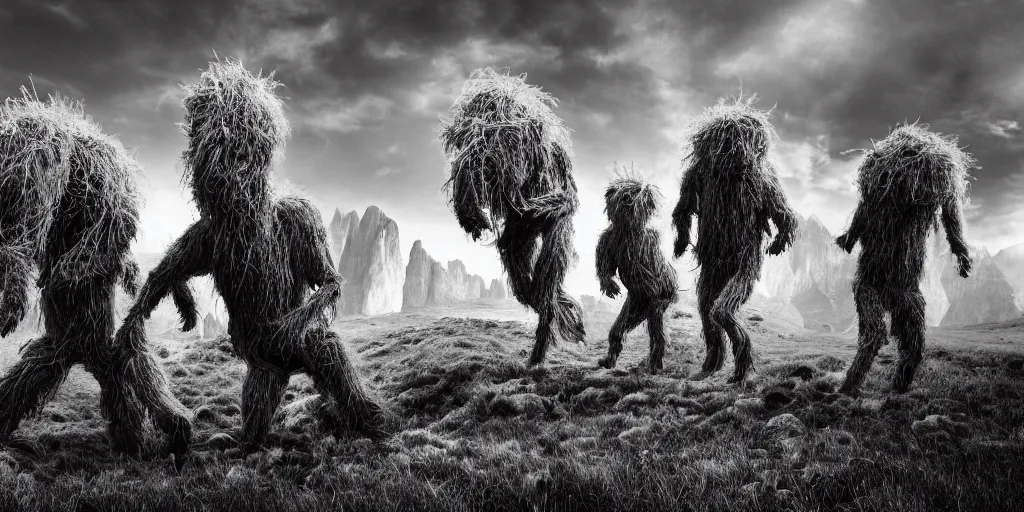 Image similar to photography of hay monsters, dancing, forest, dolomites, alpine, detailed intricate insanely detailed octane render, 8k artistic 1920s photography, photorealistic, black and white, chiaroscuro, hd, by David Cronenberg, Raphael, Caravaggio