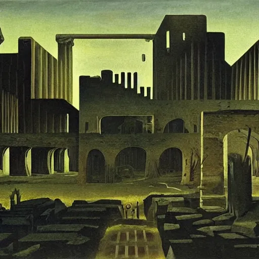 Image similar to the ruins of an old overgrown city at the end of times painting by de chirico