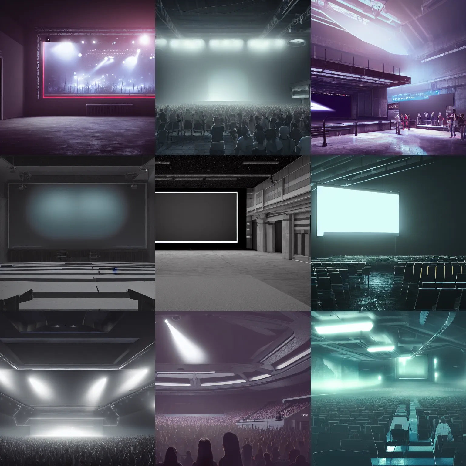 Prompt: digital concept art of a very small!!! dark near - future show venue with a large bright screen in front of twenty people, grey, realistic, octane render, high detail, environment, sharp focus, artstation