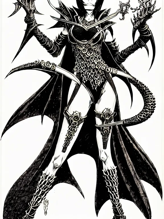 Image similar to bayonetta as a d & d monster, full body, pen - and - ink illustration, etching, by russ nicholson, david a trampier, larry elmore, 1 9 8 1, hq scan, intricate details