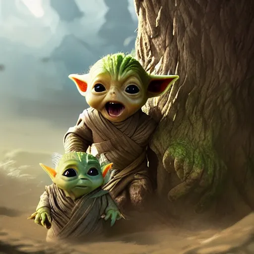 Image similar to babyyoda ( 2 0 2 1 ) and babygroot ( 2 0 1 7 ) are friends. photorealistic, digital art, epic fantasy, dramatic lighting, cinematic, extremely high detail, cinematic lighting, trending, artstation, cgsociety, 3 d ue 5, 4 k, hq