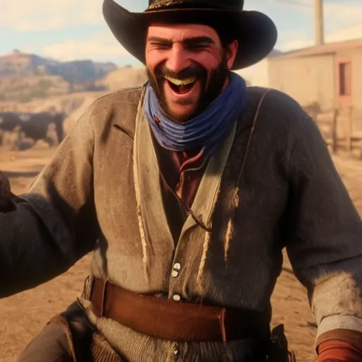 Prompt: Film still of Spanish Laughing Guy, from Red Dead Redemption 2 (2018 video game), no hat, no text