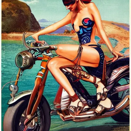 Prompt: french beautiful super model with full body tattoos, in bikini, riding a motorcycle with boots, photorealism, painted by james jean, leyedecker, in the style of hiroshi yoshida, vogue magazine cover 1 9 3 0, 4 k