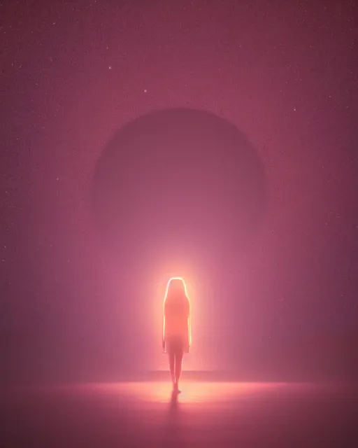 Image similar to a person standing in front of a glowy open door that's on a barren moon, poster art by mike winkelmann, trending on cg society, space art, sci - fi, ue 5, futuristic, volumetric lighting