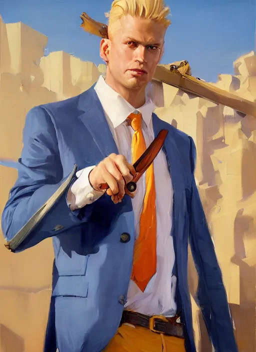 Image similar to greg manchess portrait painting of a blond man in a blue suit with a sword and a pistol, asymmetrical, profile picture, organic painting, sunny day, matte painting, bold shapes, hard edges, street art, trending on artstation, by huang guangjian, gil elvgren, ruan jia, randy vargas, greg rutkowski