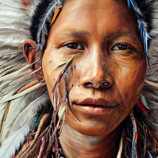 Image similar to high quality high detail painting by jenny saville, hd, a skinny beautiful indigenous woman tribe leader, hair in wind, many pretty feathers, muted colors, cream color, photorealistic lighting