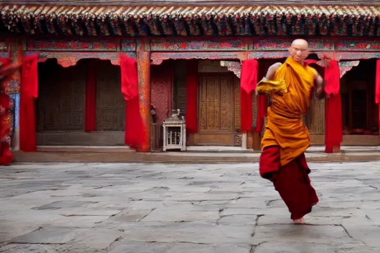 Image similar to VFX movie of a Tibetan monk dancing with fire in a Chinese courtyard by Emmanuel Lubezki