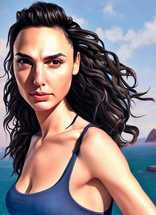 Image similar to full length photo of gal gadot in a tanktop in the style of stefan kostic, realistic, sharp focus, 8k high definition, insanely detailed, intricate, elegant, art by stanley lau and artgerm