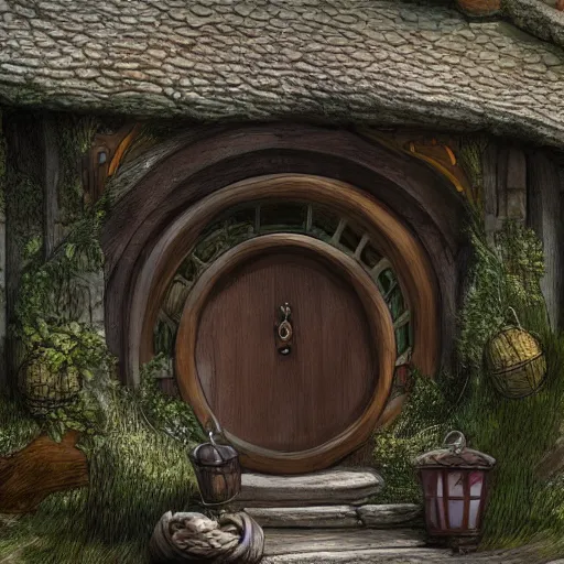 Image similar to The house of the Hobbit Bilbo Baggins, highly detailed, digital painting, artstation, concept art, smooth, sharp focus ilustration, Artstation HQ